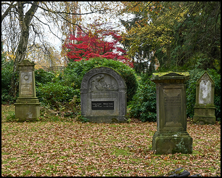 Vier historische Grabsteine nebeneinander auf einem laubbedeckten Friedhofsgelände. Der mittlere Stein hat eine Bogenform mit Relief. Ein leuchtend roter Strauch oder Baum leuchtet im Hintergrund