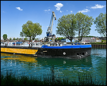 Ein blaues und gelbes Frachtschiff navigiert auf einem ruhigen Kanal. Im Hintergrund stehen grüne Bäume unter blauem Himmel mit vereinzelten Wolken. Das Schiff hat einen kleinen Kran an Bord.