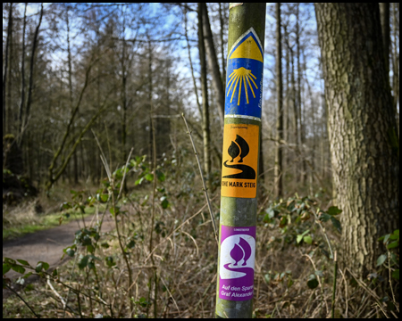 Wanderpiktogramme an einem Mast, darunter Hohe-Mark-Steig Zuweg, ein Pilgerweg und der Landstreiferweg