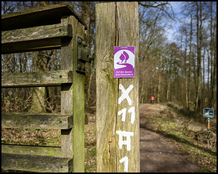 Gattertor mit Wanderweg-Markierung auf dem Holz