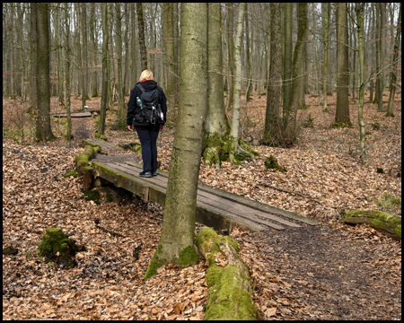 Wanderin auf einem kleinen Holzsteg