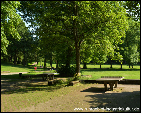 Revierpark Vonderort mit Wiese und Tischtennisplatten