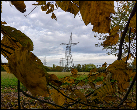 Blick durch braune Herbstblätter hindurch auf einen Hochspannungsmast unter bewölktem Himmel.
