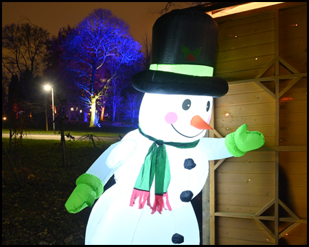 Schneemann und beleuchteter Baum im Rombergpark