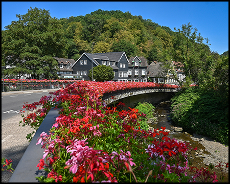 Eine mit roten und pinken Blumen bewachsene Brücke über einen Fluss, im Hintergrund Fachwerkhäuser.