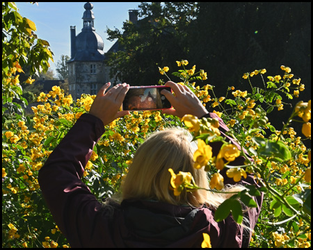 Frau fotografiert Blumen mit Schloss