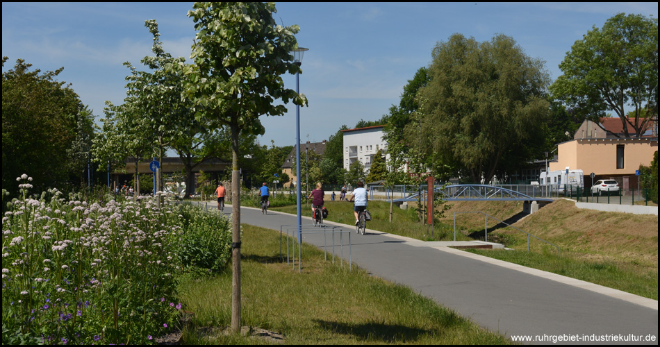 Das neugestaltete Seseke-Ufer in Kamen mit Pflanzenbeeten, Baumallee, Sport- und Spielgeräten und Zugang zum Wasser