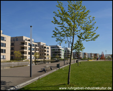 Langgezogene gebogene Hauptachse des Univiertels  mit Wasserbecken, Promenade und Spielplatz