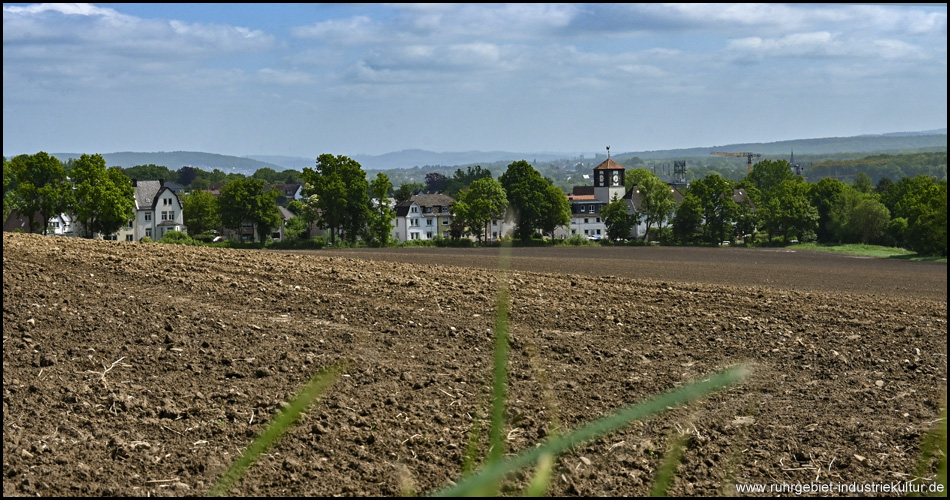 Blick über einen Acker ins Ruhrtal auf Langschede mit der Kirche St. Konrad