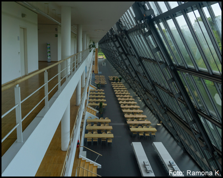 Im Innern vom Wissenschaftspark Rheinelbe mit einem langen Atrium mit Tischen und einer Glasfront auf einer Seite.