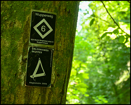 Zwei Wegmarkierungsschilder mit der Aufschrift „Wupperweg" und „Erlebnisweg Wupper" an einem bemoosten Baumstamm.