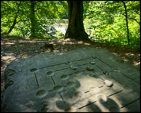 Eine flache Steinplatte mit eingemeißeltem Spielfeld und darauf liegenden runden Spielsteinen unter einem Baum.