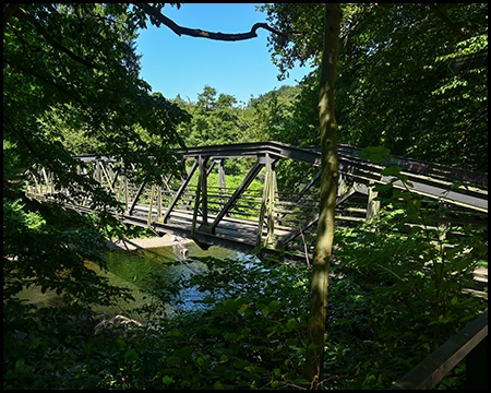 Eine Stahlbrücke mit Fachwerkkonstruktion führt über einen Fluss, umgeben von dichtem grünem Laubwald.