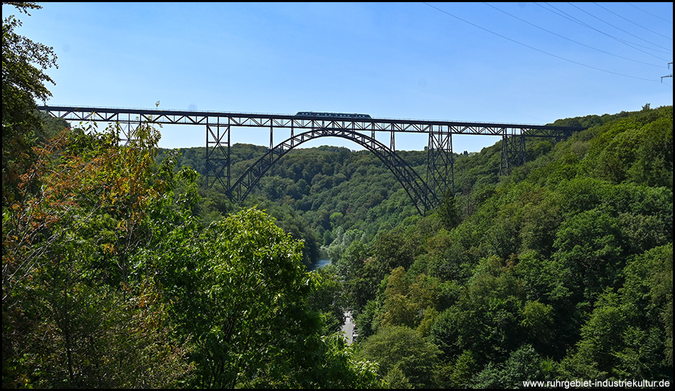 Eine hohe Eisenbahnbrücke aus Stahlfachwerk mit Bogenkonstruktion überspannt ein bewaldetes Tal, ein Zug fährt darüber.