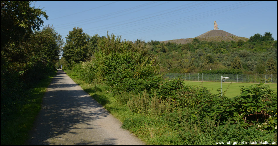 Radweg auf alter Bahnstrecke mit Blick zur Himmelstreppe auf der Halde Rheinelbe