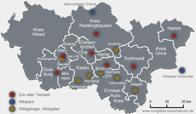 Übersichtskarte Zoos im Ruhrgebiet